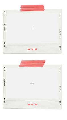 two envelopes with hearts on them are shown in red, white and pink colors