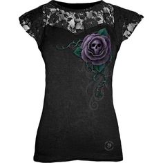 Black gothic women's top with lace detail, with graphic rose and skull print, made by Spiral in the UK. Gothic Shirts Women, Rose Reference, Biker Wear, Uk Style, Goth Clothing, Womens Lace Tops, Angel Outfit, Skull Clothing