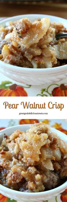 two pictures of pear walnut crisp in a bowl