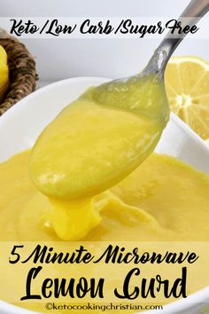 a spoon full of lemon curd with the words 5 minute microwave lemon curd