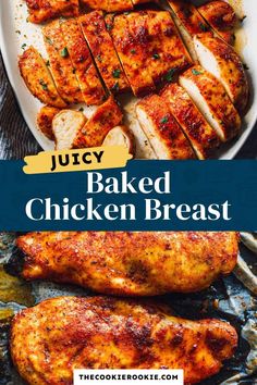 juicy baked chicken breast on a grill with text overlay