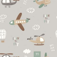 a wallpaper with airplanes and hot air balloons in grey, green, brown and white