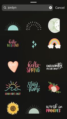 an iphone screen with stickers on it and the words hello spring written in different languages