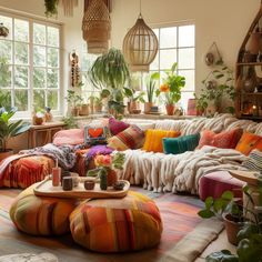 a living room filled with lots of colorful furniture and potted plants on the wall