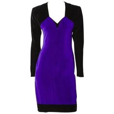 Yves Saint Laurent, couture, purple and black velvet dress and jacket ensemble. Dress has long sleeves with a fitted silhouette having a sweetheart neckline . Body of the dress is purple, while the sleeves, shoulders and hem are black. Jacket is mainly purple , collarless ending below the hip, with voluminous sleeves ending in a tight cuff. Velvet Couture, Purple Velvet Dress, Purple Long Sleeve Dress, Yves Saint Laurent Couture, Dresses Couture, Givenchy Couture, Dresses Velvet, Purple Cocktail Dress, Dress Couture