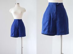 "♛Details *Date: ca. 1960s *Style: gym / sportswear shorts *Highlights: high waist; hip pocket; cute full booty cut *Colors: medium royal blue *Fabric(s): 100% sanforized cotton twill *Lined: no *Closures: snaps; metal Talon zipper (I found one example with an early nylon zipper) *Designer/Labels: Aldrich & Aldrich \"Perfection Since 1912\" The shorts shown are an ~example pair only~; the pair you will receive is the same style. Please use the drop-down menu to select: ♛Measurements Allow ro Vintage Blue Bottoms With Built-in Shorts, Fitted Retro Blue Shorts, Vintage Fitted Blue Shorts, Fitted Vintage Blue Shorts, Vintage Blue Shorts, Royal Blue Fabric, Style Gym, Military Shorts, Gym Sportswear