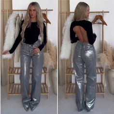 Size S / 27 / Eur 36 / Us 4 / Mex 26 Size L / 29 / Eur 40 / Us 8 / Mex 30 Metallic Jeans Outfit, Silver Jeans Outfit, Coated Jeans Outfit, Jeans Pants Outfit, Silver Skirt, Silver Boots, Metallic Jeans, Church Outfit, Cropped Wide Leg Jeans