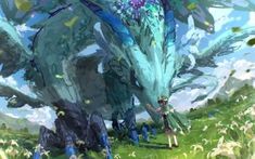 two people standing in front of a large green dragon on a lush green field with white flowers