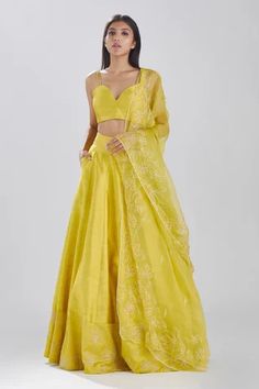 Shop for Megha Bansal Yellow Raw Silk Shazneen Fiha Embroidered Lehenga Set for Women Online at Aza Fashions Flared Lehenga, Haldi Dress, Yellow Lehenga, Flowers Embroidered, Blouse Silk, Embroidered Lehenga, Embroidered Border, Organza Dupatta, Silk Organza