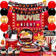 a movie themed birthday party with balloons and decorations