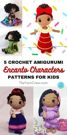 five crochet amigurmi dolls with different patterns for them and the title says, 5 crochet amigurmi encanita characters patterns for kids