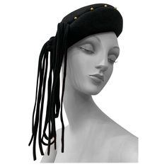 1940s Black Wool Felt Beret w Rolled Brim Gold Studs & Long Felt Knotted Fringe at Side: Unmarked as to maker, this one is high on style! Size Medium-Large Felt Beret, Knotted Fringe, Women Hats, Gold Studs, Black Wool, Wool Felt, Hats For Women, Accessories Hats, Felt