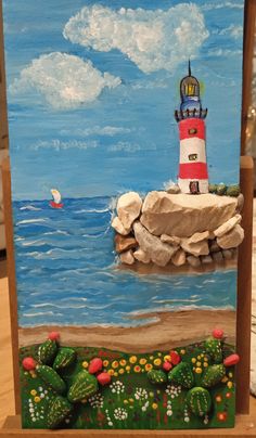 a painting of a lighthouse on top of a rock