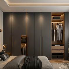 a bedroom with a bed, closets and other items on the wall in front of it