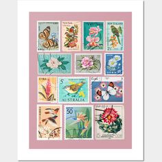 a pink and white frame with many different postage stamps on the bottom, including flowers