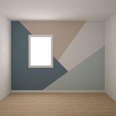 an empty room with a window and painted wallpaper on the walls is shown in this image