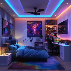 a bedroom with a bed, desk and ceiling fan is lit up by colorful lights