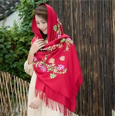 Intricate Hand Embroidered Scarves for Women Traditional Floral Embroidered Shawl For Winter, Traditional Winter Shawl With Floral Embroidery, Elegant Embroidered Shawl For Fall, Elegant Embroidered Fall Shawl, Bohemian Embroidered Winter Pashmina Shawl, Red Embroidered Shawl For Winter, Red Embroidered Winter Shawl, Traditional Embroidered Winter Scarves, Red Embroidered Pashmina Scarves