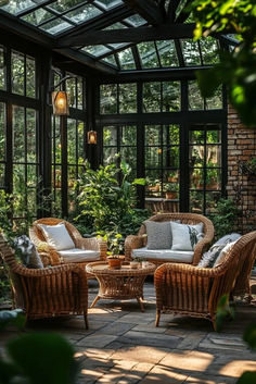 Connect with nature in a Rustic Nouveau Conservatory, where rustic stone and wood meet sleek glass. Vintage modern decor creates a space that feels timeless yet contemporary. Tap here for more conservatory design ideas. Conservatory Tea Room, Moody Conservatory, Rustic Conservatory, Orangery Decor, Cozy Conservatory, Conservatory Ideas Interior, Vintage Modern Decor, Home Conservatory, Como Conservatory