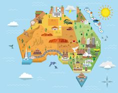 an illustrated map of australia with all the major attractions