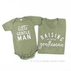 SET OF 2: Raising A Little Gentleman and Little Gentleman © THE ORIGINAL IMPORTANT NOTE: This is a unisex shirt. Order your normal size for a loose fit, or size down one for a more fitted look. Women normally prefer to size down in unisex sizing. Please reference the size chart before purchasing. SHIRT DETAILS: - Unisex tee 52% combed and ring-spun cotton, 48% poly - Machine wash cold, dry on lowest heat or hang dry - Light, airy fabric, super comfortable fit SHIPPING DETAILS: - All shirts are s Green Short Sleeve Tops With Name Print, Green Short Sleeve Top With Name Print, Basic Green Shirt With Letter Print, Green Basic Shirt With Letter Print, Green Tops With Name Print For Summer, Green Relaxed Fit Top With Name Print, Green Summer Tops With Name Print, Green Casual Shirt With Name Print, Casual Green Shirt With Name Print