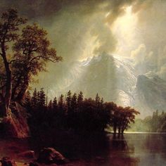 a painting of a mountain range with trees and rocks in the foreground, on a cloudy day