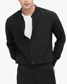 Band Collar Shirt Men Outfit, Band Collar Shirt Men, Silk Shirt For Men, Rounded Wardrobe, Silk Shirt Men, Black Silk Shirt, Silk Duvet Cover, Banded Collar Shirts, Collar Shirt Men