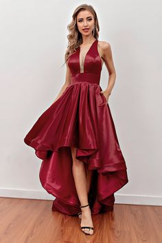 Zapaka Women Burgundy Satin Prom Dress High Low Round Neck Homecoming Dress with Pockets – ZAPAKA Hi Low Dress Formal, Prom Dress With Pockets, High Low Prom Dress, High Low Prom Dresses, Prom Dresses With Pockets, Brooklyn Wedding, Prom Style, Perfect Prom Dress, Hi Low Dresses