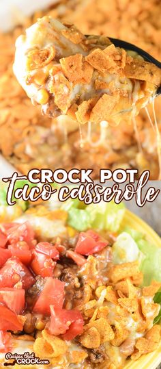 the crock pot casserole is loaded with ground beef, tomatoes and cheese