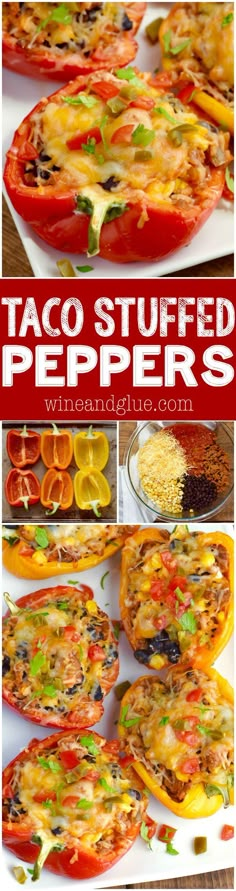 taco stuffed peppers with cheese and other toppings on them are ready to be eaten