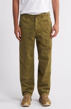 Traditionally rugged workwear gets a refined upgrade with streamlined utility pants cut from Japanese cotton twill in a straight-leg silhouette. 29" inseam; 17" leg opening; 12" front rise; 16" back rise (size 32) Zip fly with button closure Front patch pockets 100% cotton Machine wash, tumble dry Made in the USA of imported fabric Utility Chino Cotton Twill Pants With Pockets, Utility Pants In Chino Cotton Twill With Pockets, Utility Style Straight Leg Chino Cotton Twill Bottoms, Utility Style Relaxed Fit Chinos With Belt Loops, Khaki Work Pants With Pockets For Workwear, Khaki Work Pants With Pockets, Utility Chino Cotton Twill Cargo Pants Straight Leg, Cotton Utility Work Pants With Straight Hem, Straight Leg Chino Cotton Twill Cargo Pants