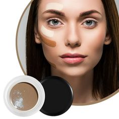 a woman's face with the foundation prime and conceal powder in front of her