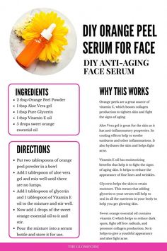 Check out this simple recipe to make your own orange peel serum at home. Orange peels are a great source of vitamin C, which boosts collagen production to tighten skin and fight the signs of aging. Orange Peel Serum Diy, Orange Peel Powder Benefits, How To Make Homemade Serum For Face, Vitamin C Face Mask Diy, Vitamin C Mask Diy, Orange Peel For Face, Orange Mask For Face, Orange Peel Powder Face Masks Glowing Skin, Diy Vitamin C Serum For Face Recipe