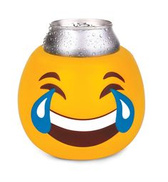 a yellow smiley face can cooler with water droplets on it's eyes and mouth