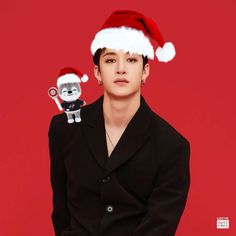 a person wearing a santa hat and holding a stuffed animal