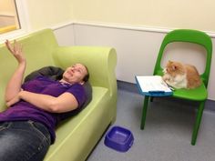 a woman laying on top of a green couch next to a cat