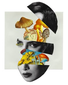 a woman's face is surrounded by mushrooms and other things in her head,