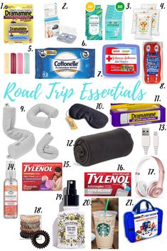 the road trip essentials list includes travel items, toiletries, and other personal care products