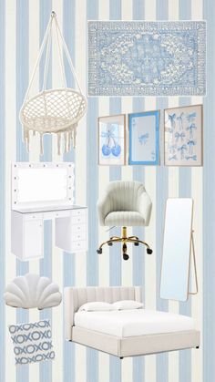 a bedroom with blue and white striped wallpaper, chair, bed, mirror, lamp, rugs, pictures, and other items