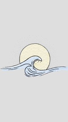 a drawing of a wave in the ocean with an orange and white sun behind it