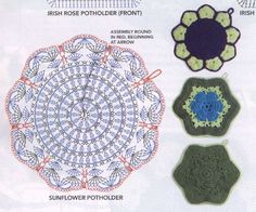 four crocheted doily designs are shown on a white sheet with blue and green accents