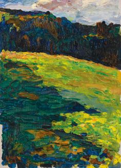 an abstract painting with green, yellow and blue colors on the water's surface