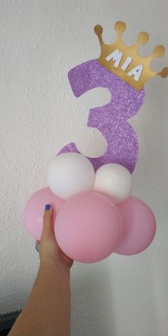 a person holding balloons with the number three on it and a tiara sign above them