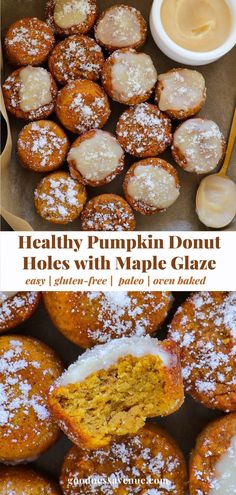 healthy baked pumpkin donut holes with powdered sugar on top and cinnamon in the middle