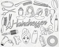 the word hairdresser surrounded by different types of hair care products and accessories on a white background