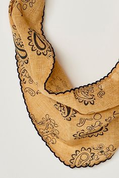 Add *the* ideal finish to every ‘fit with this stunning hair scarf featured in a staple, bandana-inspired silhouette and soft gauze fabrication with vintage-inspired printing, scalloped trim, and elasticated bottom hem for an added effortless touch. | Parker Printed Hair Scarf by Free People in Tan Vintage Bandana Scarf For Summer, Summer Bandana Print Headscarf, Vintage Summer Bandana Scarf, Bohemian Bandana Print Headscarf For Summer, Summer Cotton Bandana Print Scarves, Vintage One-size Bandana For Summer, Vintage Bandana For Summer, Summer Bandana Print Scarves, Bohemian Bandana Print Scarves For Summer