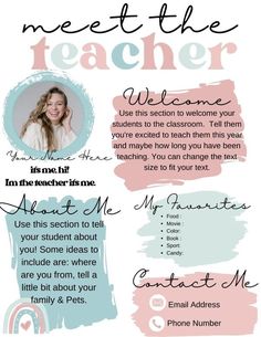 a poster with the words meet the teacher and an image of a woman's face