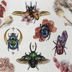 some bugs and flowers on a white paper with watercolors in the background,