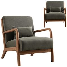 two gray chairs with wooden arms and cushions