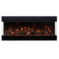 an electric fireplace with flames and logs